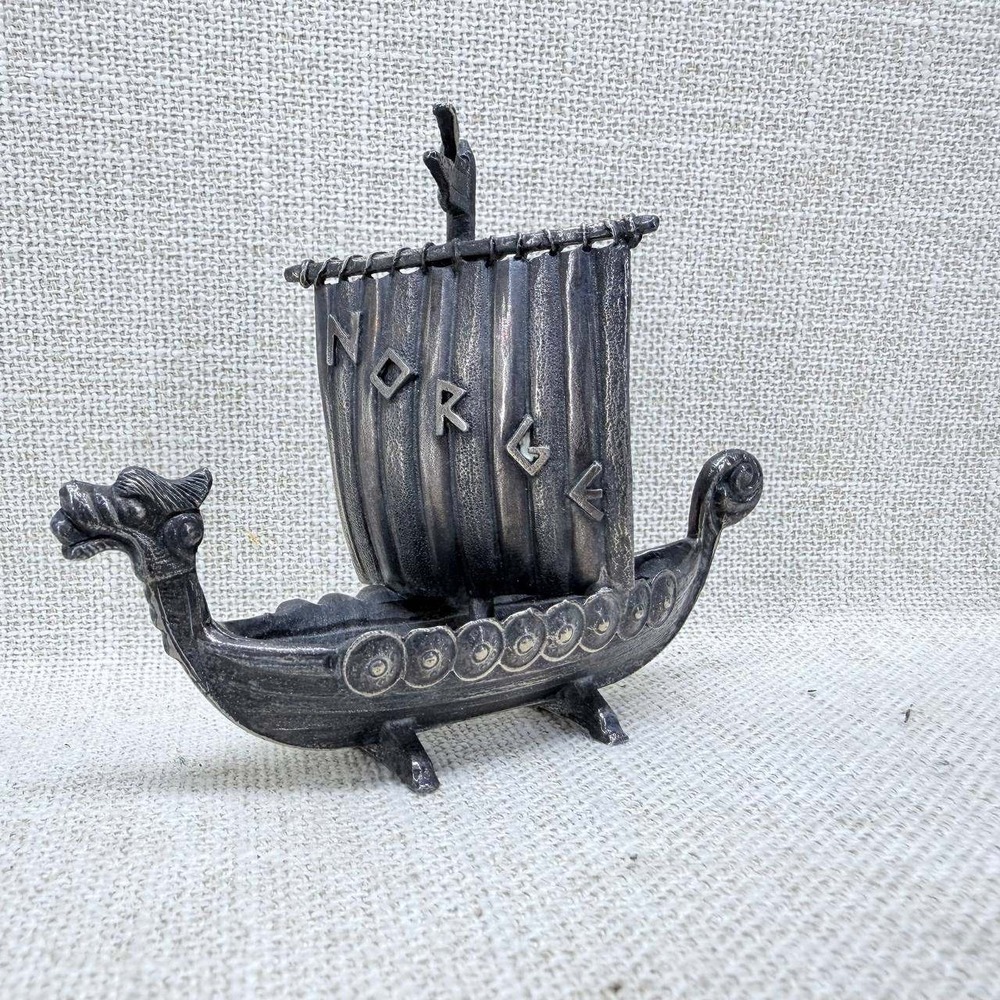 Vintage Norge Viking Longship Metal Figurine Pewter Tone Dragon Boat Decor